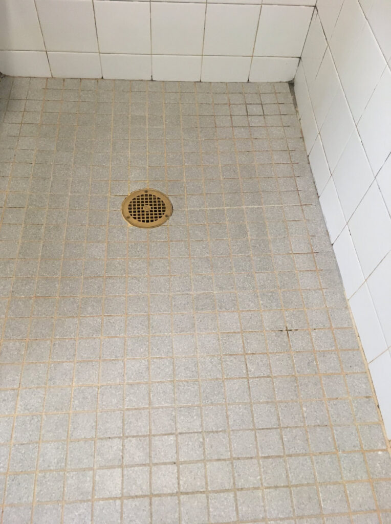 Commercial shower tile & grout cleaning & sealing and re-grouting - before